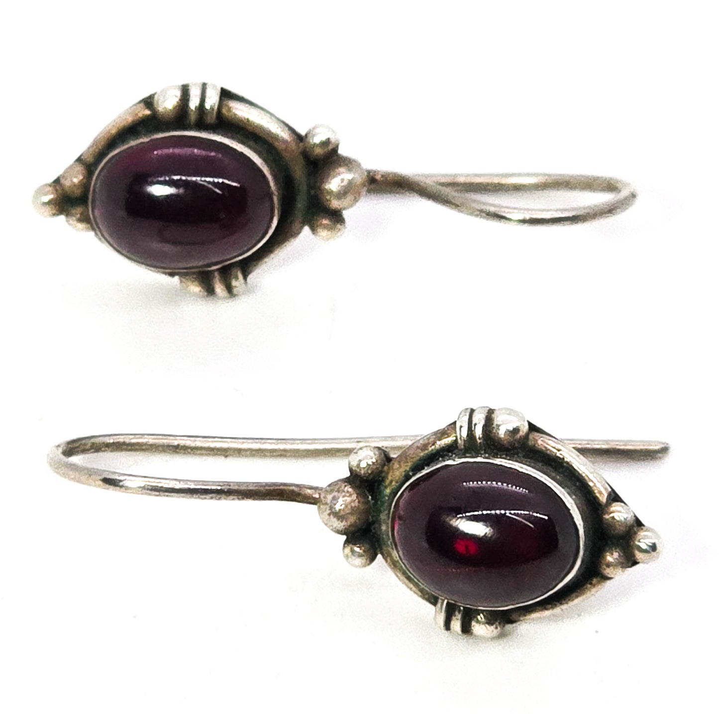 Deep Blood red Garnet Bali Balinese tribal style sterling silver drop earrings