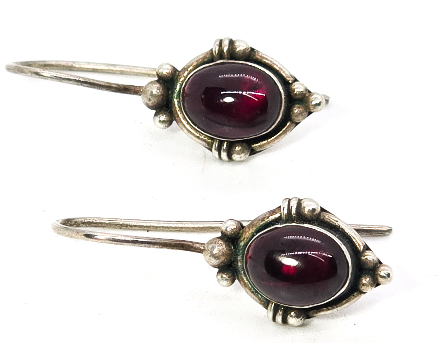 Deep Blood red Garnet Bali Balinese tribal style sterling silver drop earrings