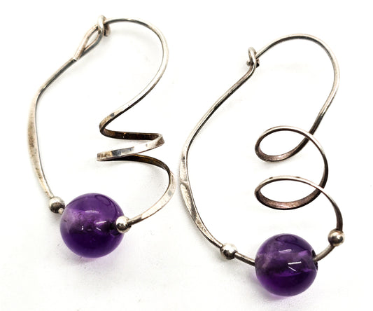 Amethyst purple beaded Artisan sterling silver twisted spiral vintage hoop earrings