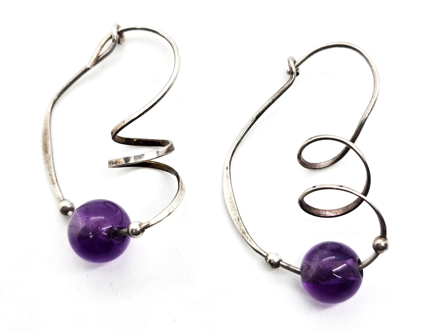 Amethyst purple beaded Artisan sterling silver twisted spiral vintage hoop earrings