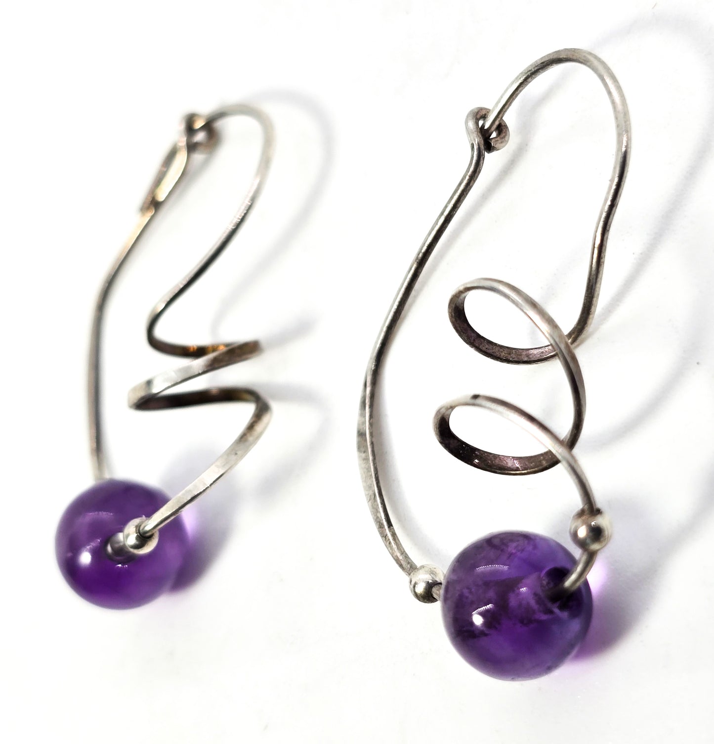 Amethyst purple beaded Artisan sterling silver twisted spiral vintage hoop earrings