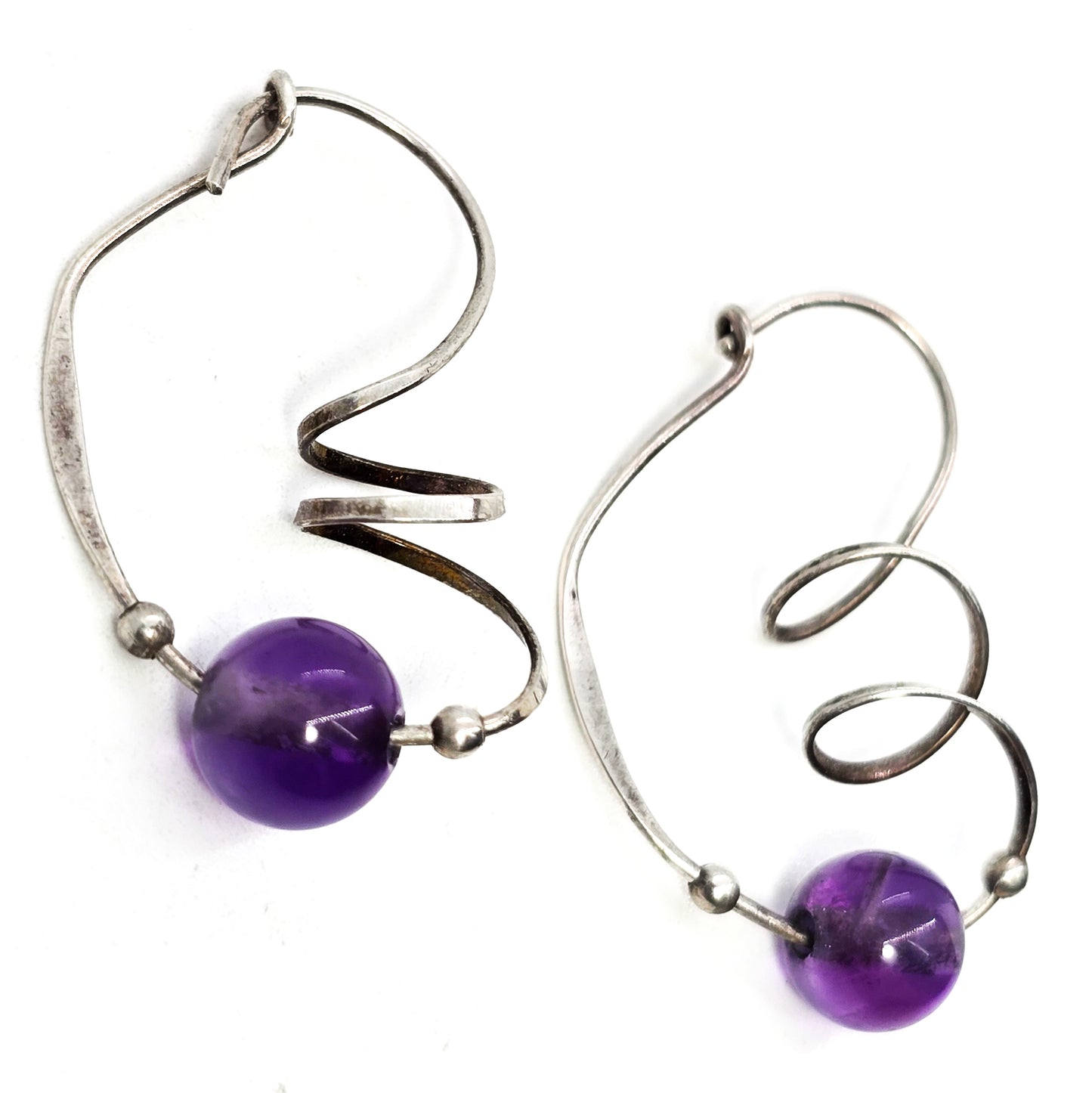 Amethyst purple beaded Artisan sterling silver twisted spiral vintage hoop earrings