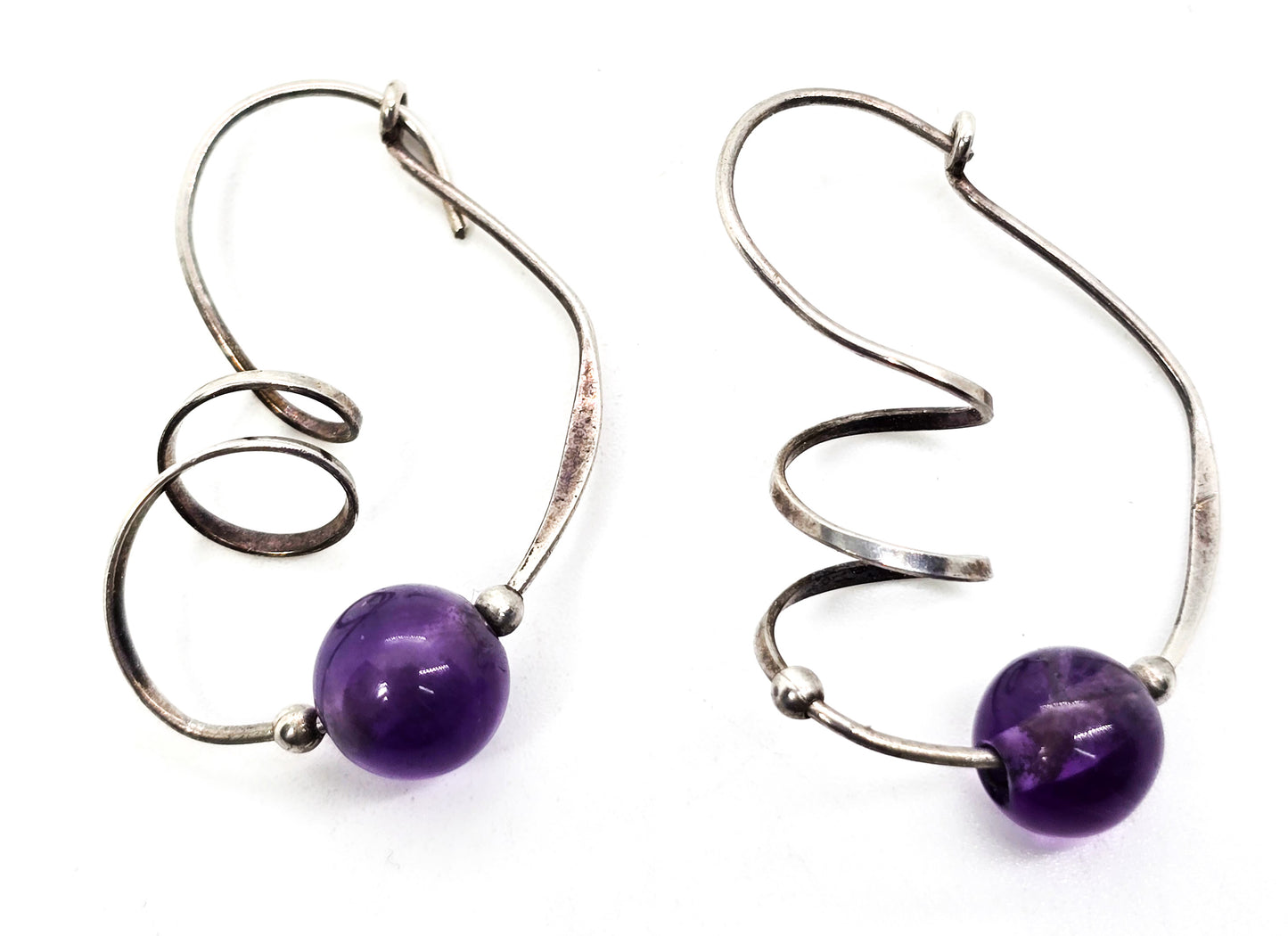 Amethyst purple beaded Artisan sterling silver twisted spiral vintage hoop earrings