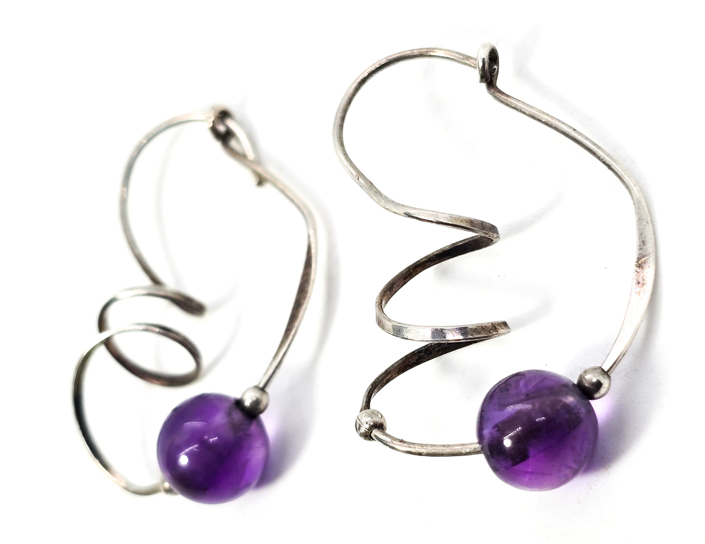 Amethyst purple beaded Artisan sterling silver twisted spiral vintage hoop earrings