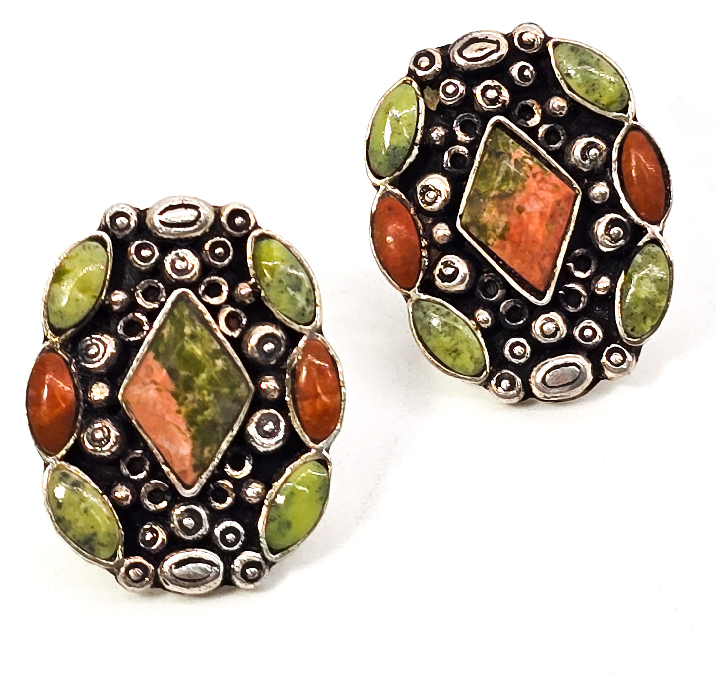 Unakite large multi stone sterling silver gemstone stud earrings