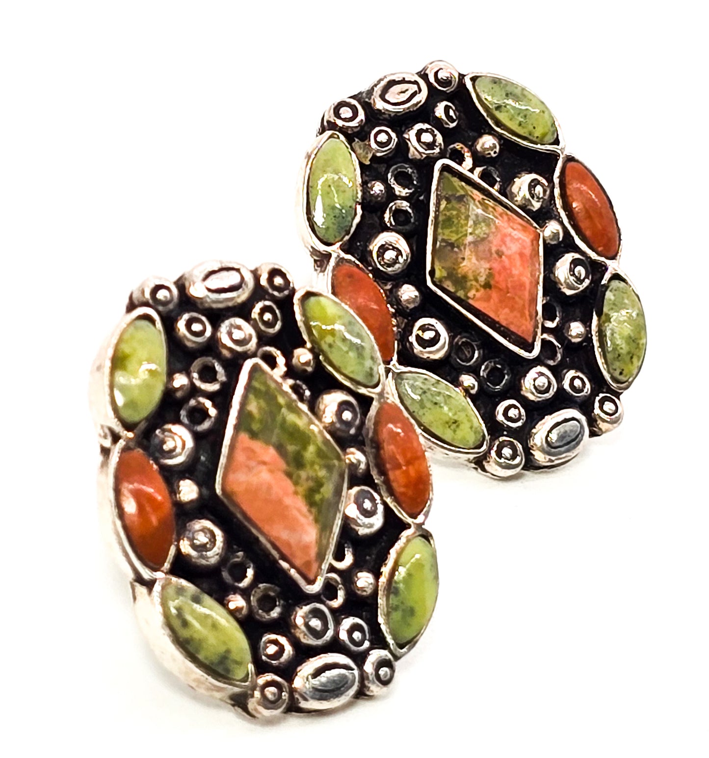 Unakite large multi stone sterling silver gemstone stud earrings