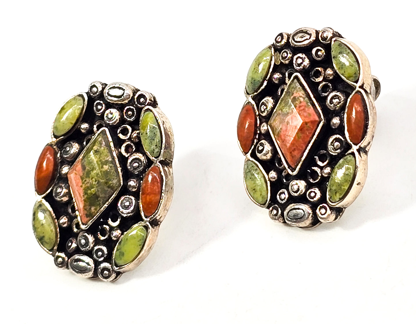 Unakite large multi stone sterling silver gemstone stud earrings