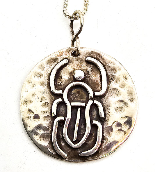 Scarab Beetle Artisan large hammered sterling silver medallion necklace