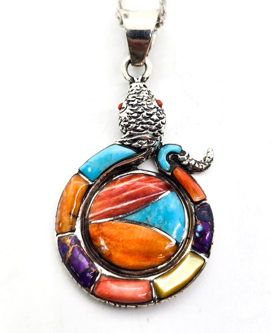 Turquoise multi gemstone inlay sterling silver snake pendant necklace