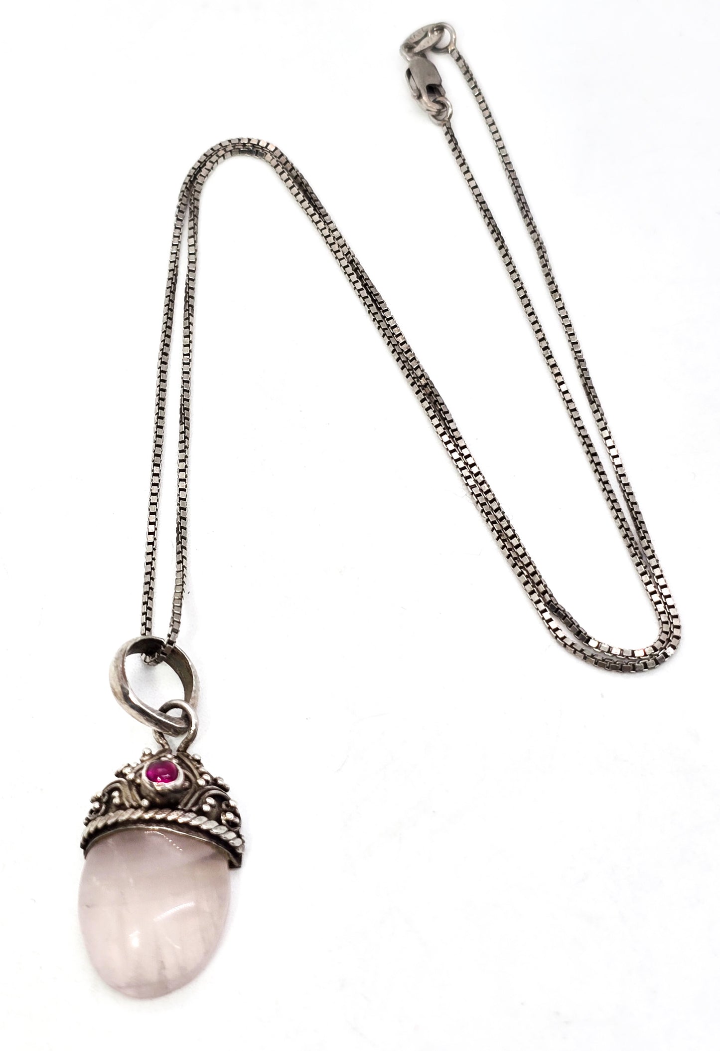 Rose Quartz and pink Tourmaline Bali Balinese style sterling silver pendant necklace