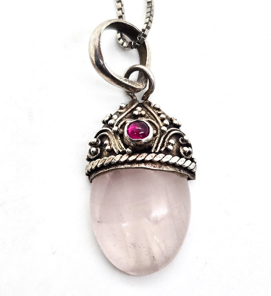 Rose Quartz and pink Tourmaline Bali Balinese style sterling silver pendant necklace