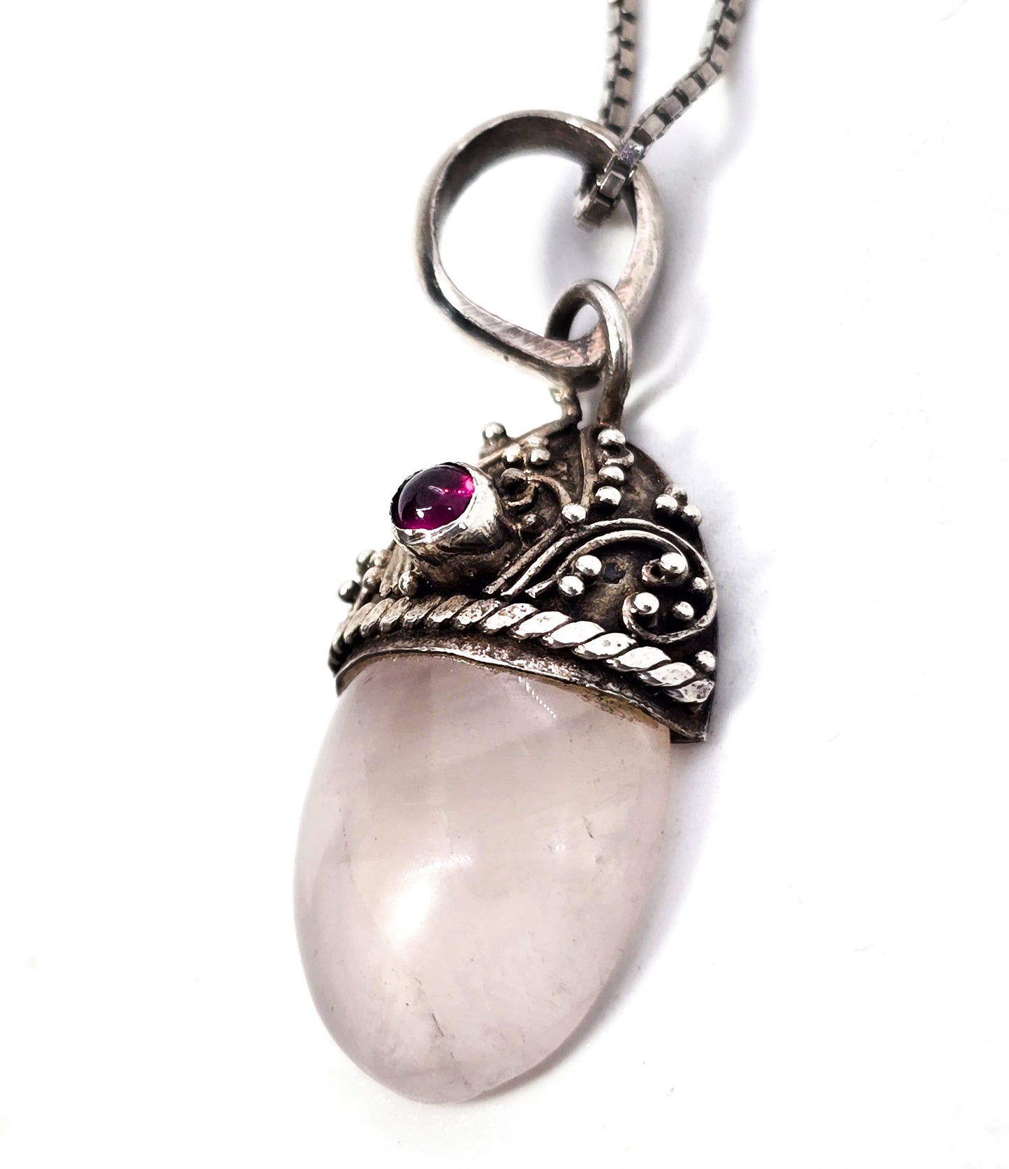 Rose Quartz and pink Tourmaline Bali Balinese style sterling silver pendant necklace