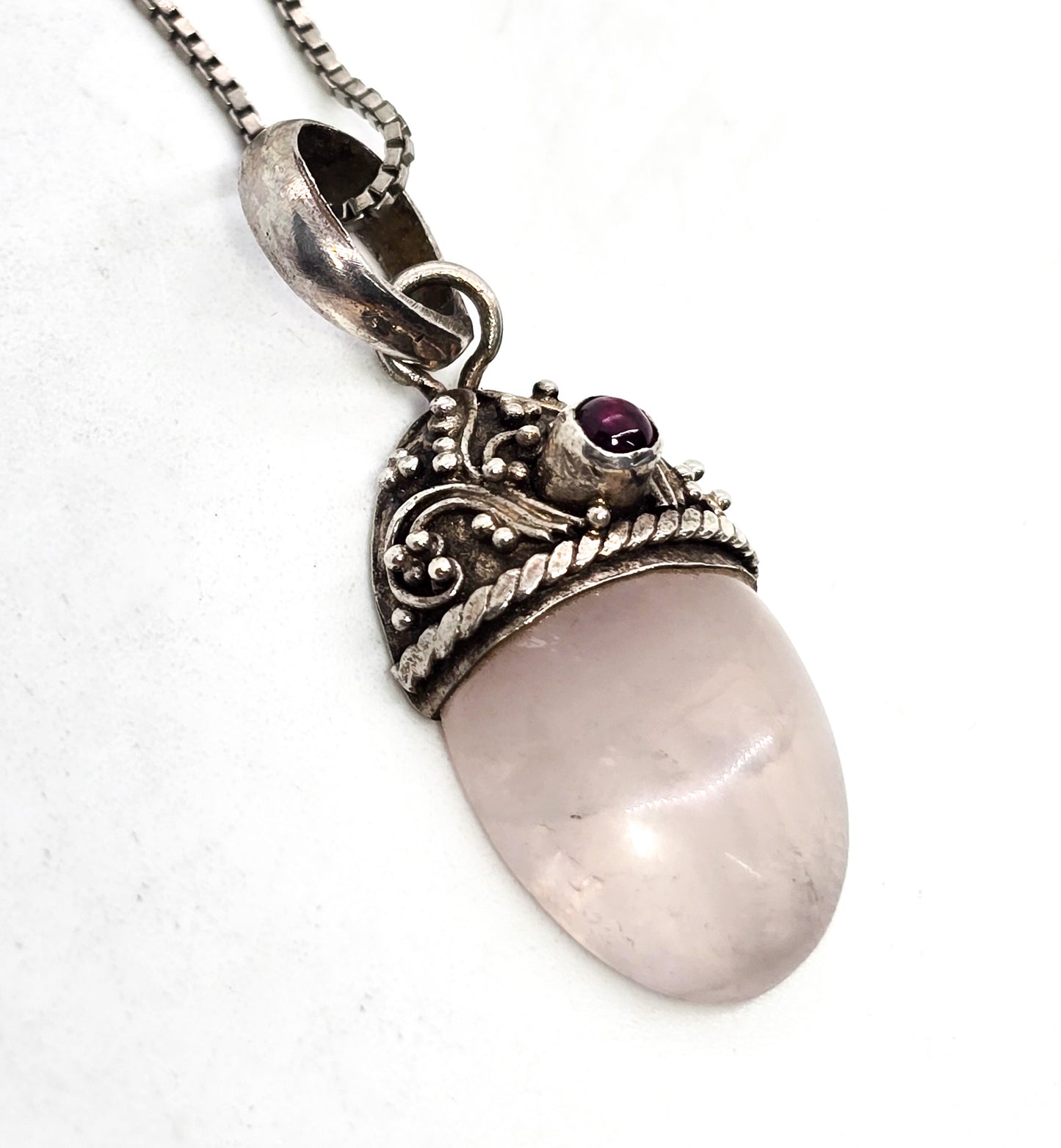 Rose Quartz and pink Tourmaline Bali Balinese style sterling silver pendant necklace