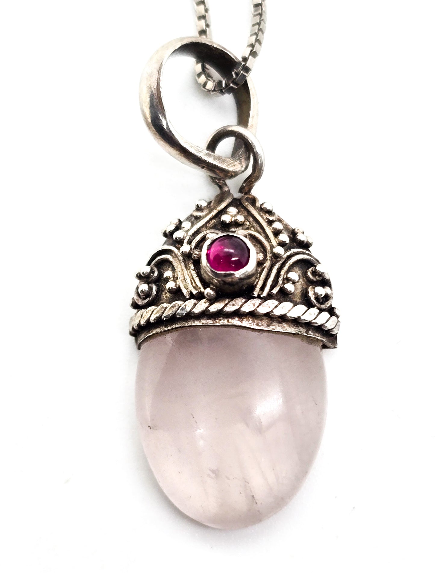 Rose Quartz and pink Tourmaline Bali Balinese style sterling silver pendant necklace