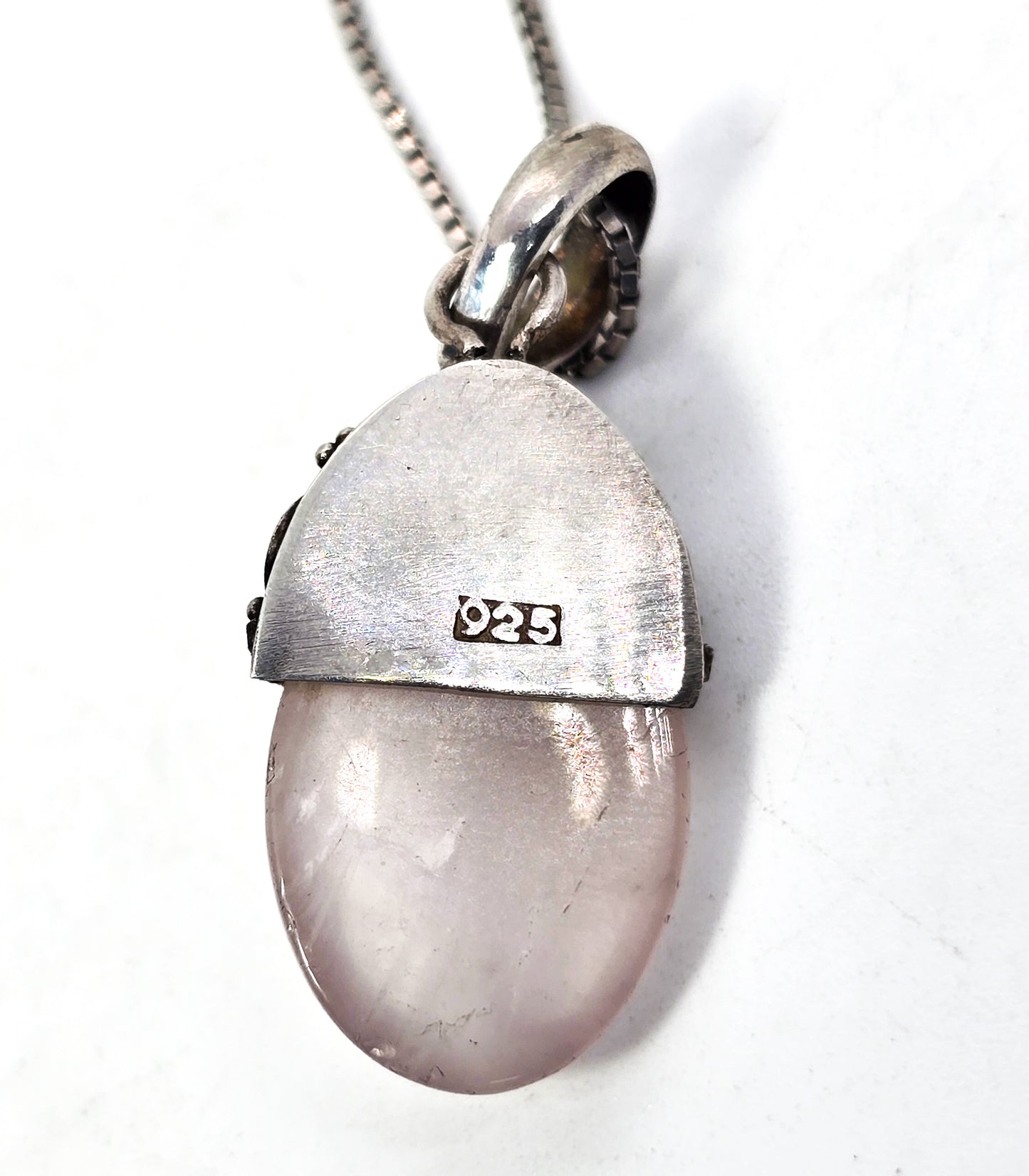 Rose Quartz and pink Tourmaline Bali Balinese style sterling silver pendant necklace