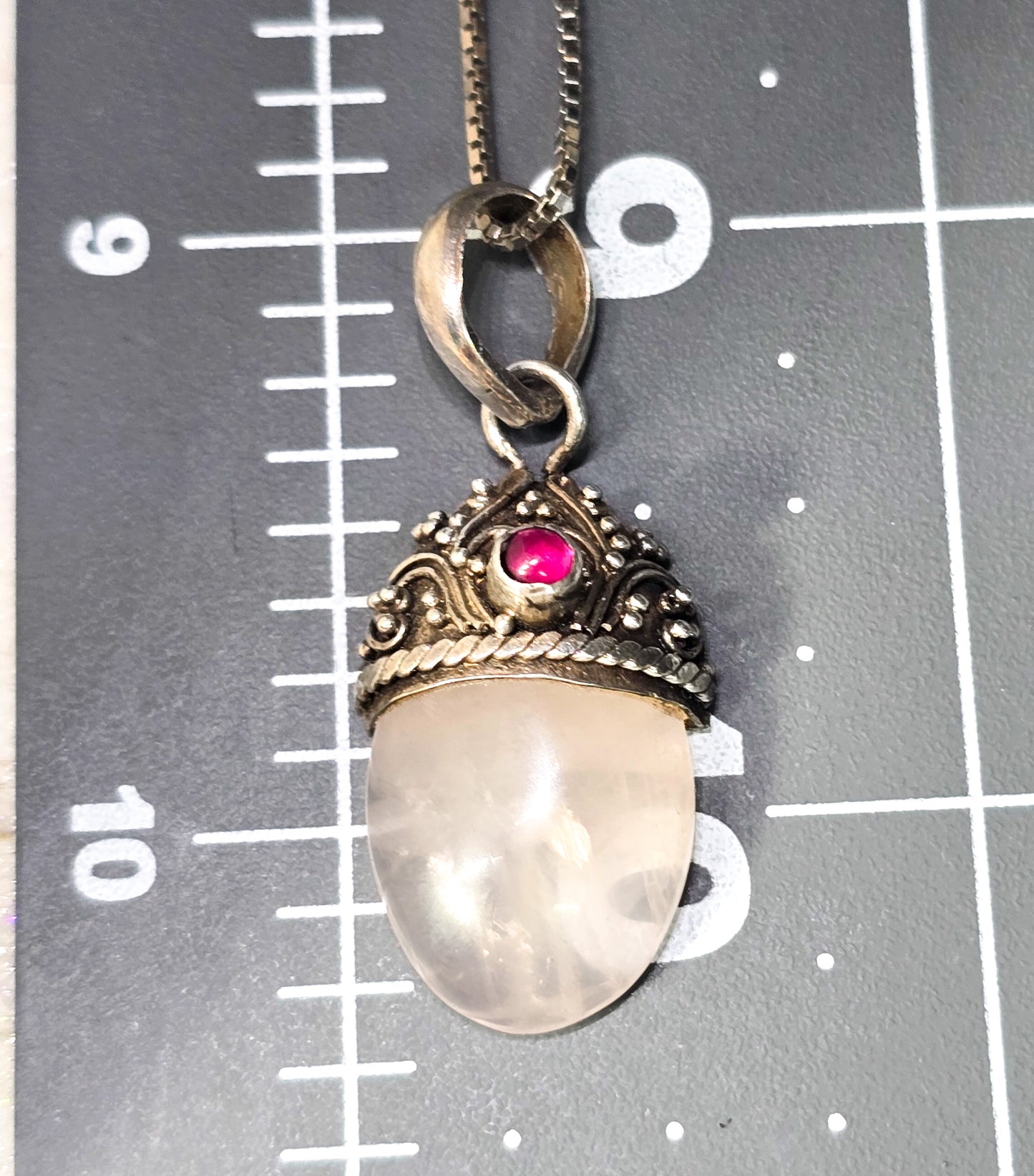 Rose Quartz and pink Tourmaline Bali Balinese style sterling silver pendant necklace