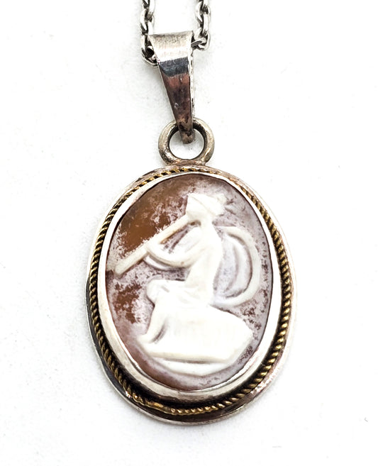 Carved Cameo small vintage flute playing sterling silver dainty shell cameo necklace