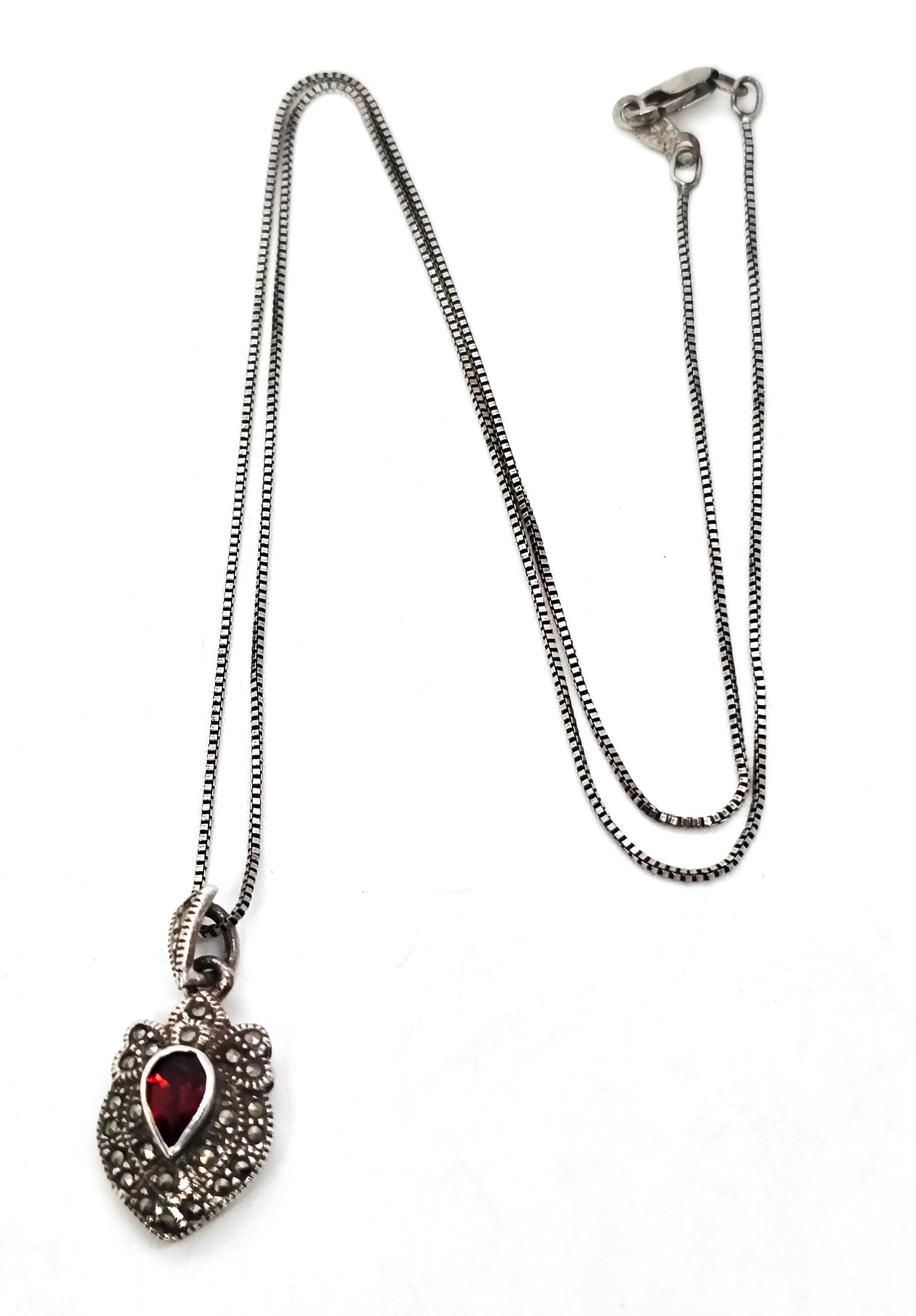 Garnet and marcasite Art Deco style petite sterling silver pendant necklace