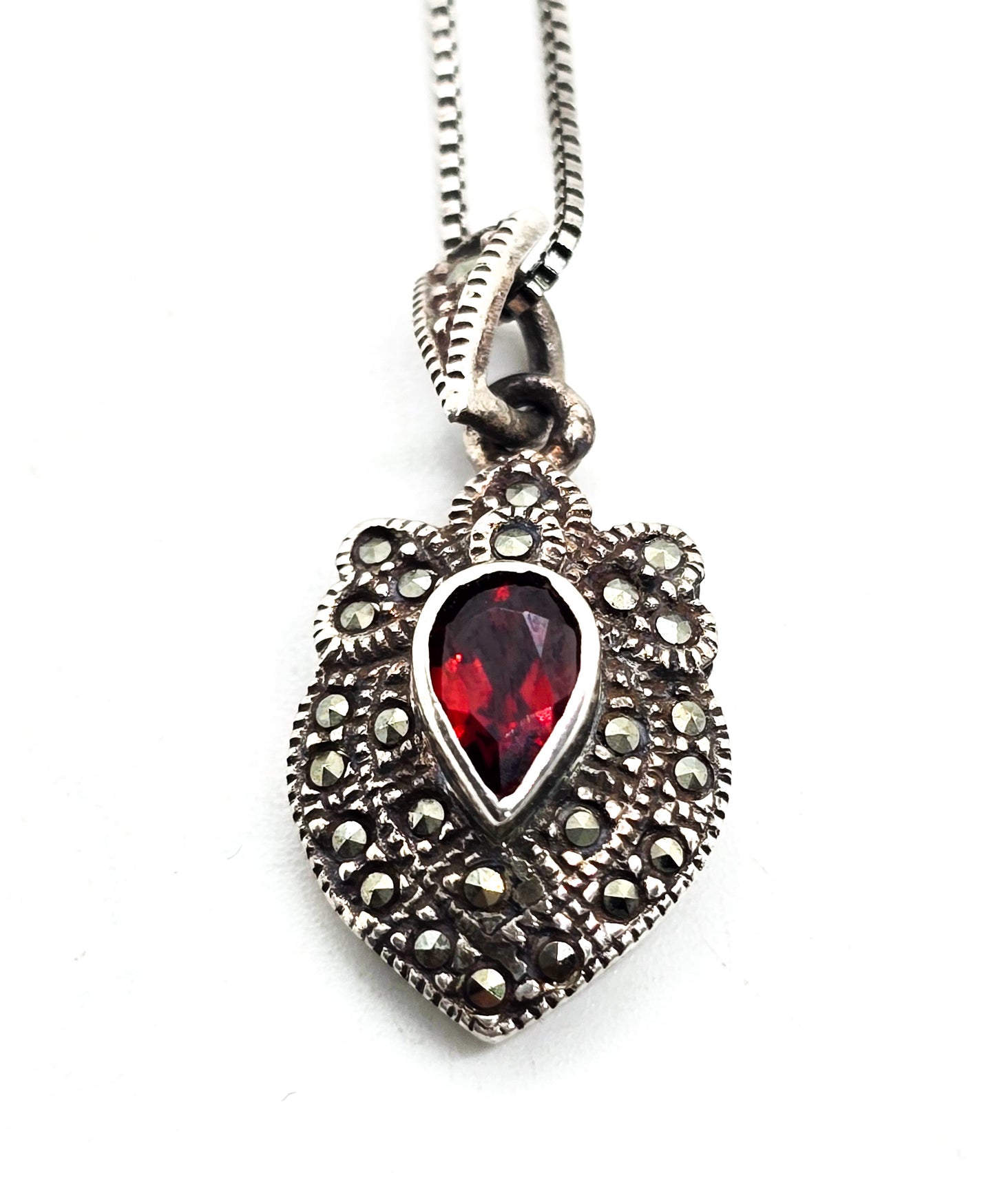 Garnet and marcasite Art Deco style petite sterling silver pendant necklace