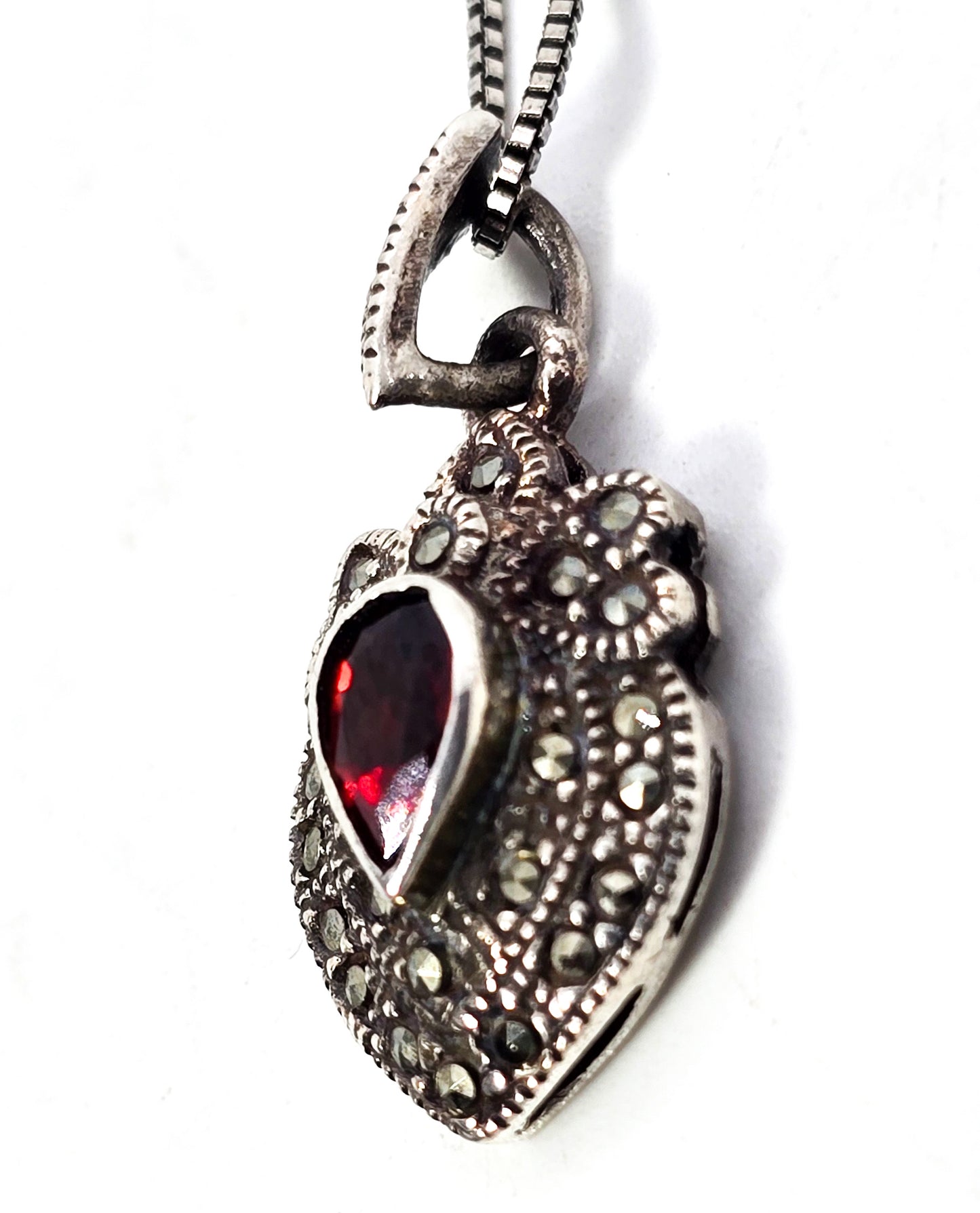 Garnet and marcasite Art Deco style petite sterling silver pendant necklace