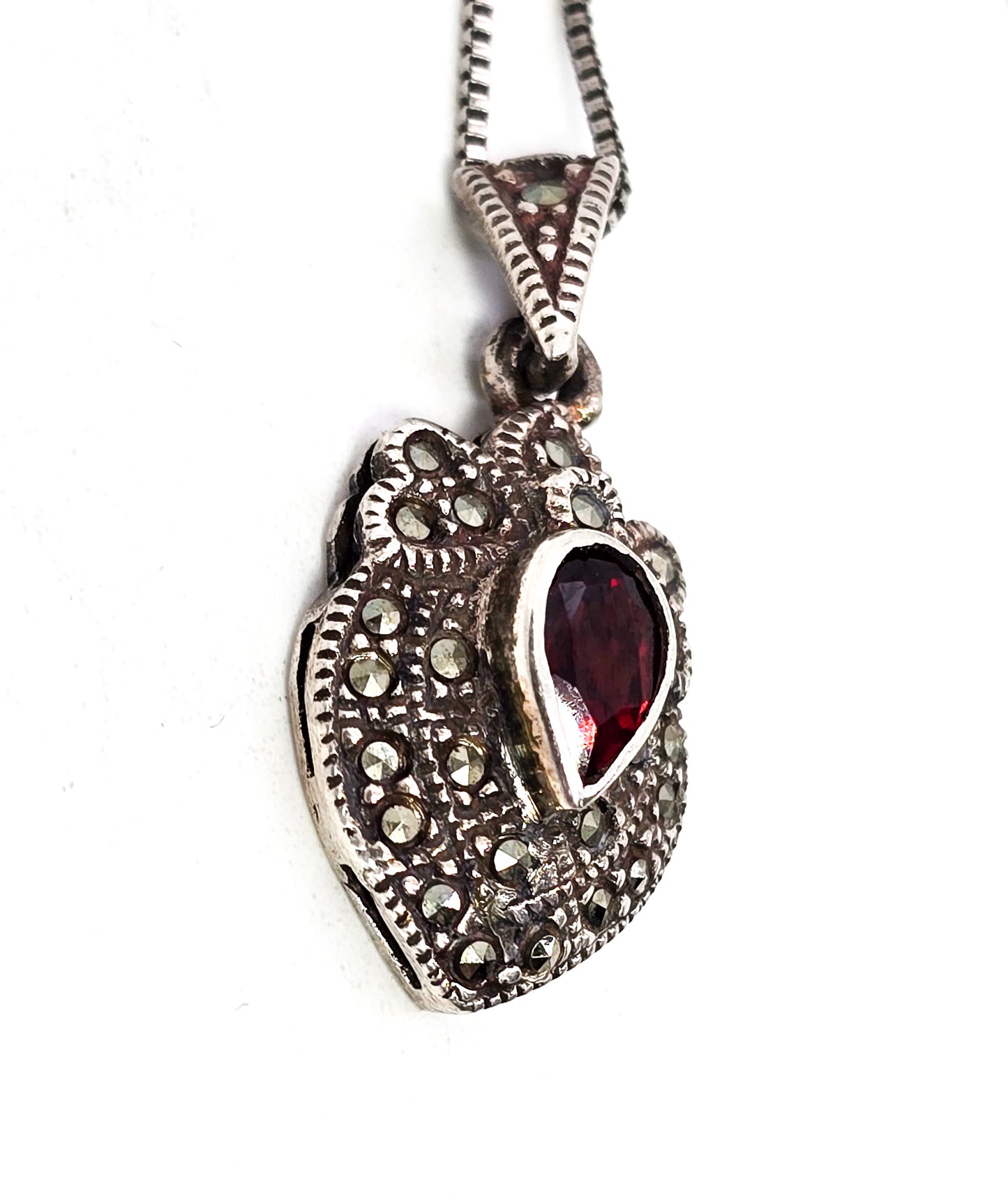 Garnet and marcasite Art Deco style petite sterling silver pendant necklace