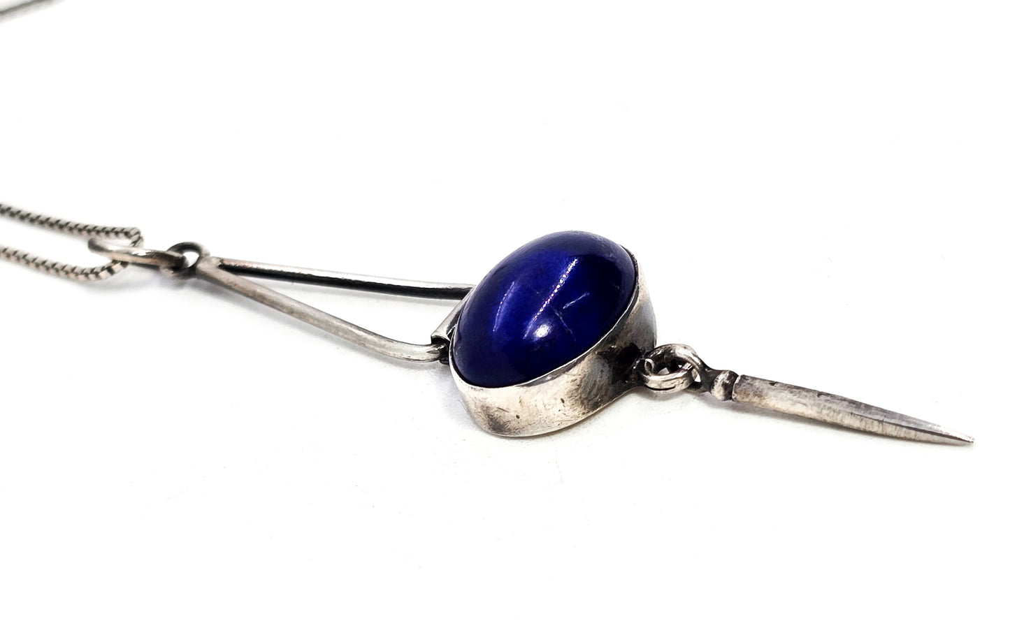 Geometric abstract lapis lazuli articulated sterling silver vintage pendant necklace