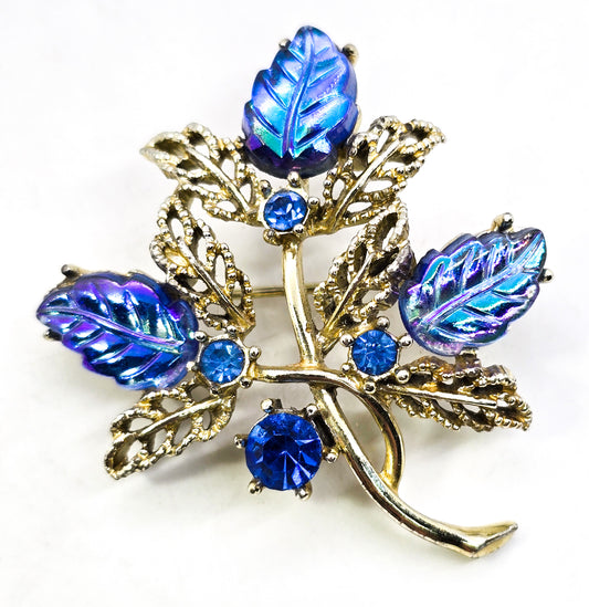 Blue Aurora borealis molded glass leaf rhinestone mid century vintage brooch