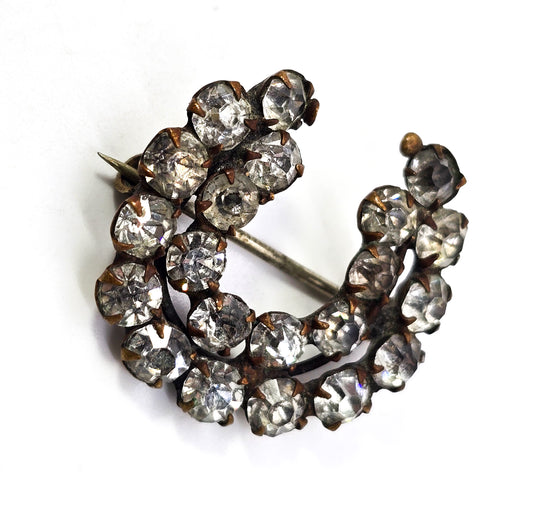 Equestrian Lucky horseshoe antique brass art deco rhinestone brooch pin