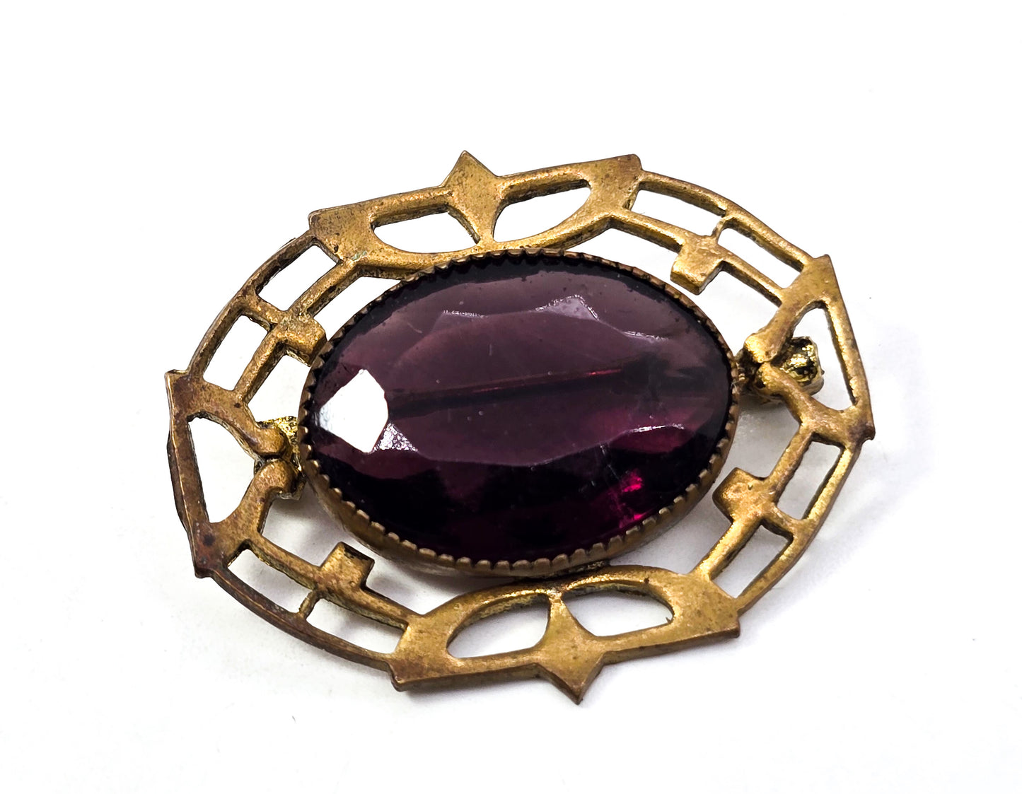 Art Deco Purple paste large glass pierced brass antique brooch