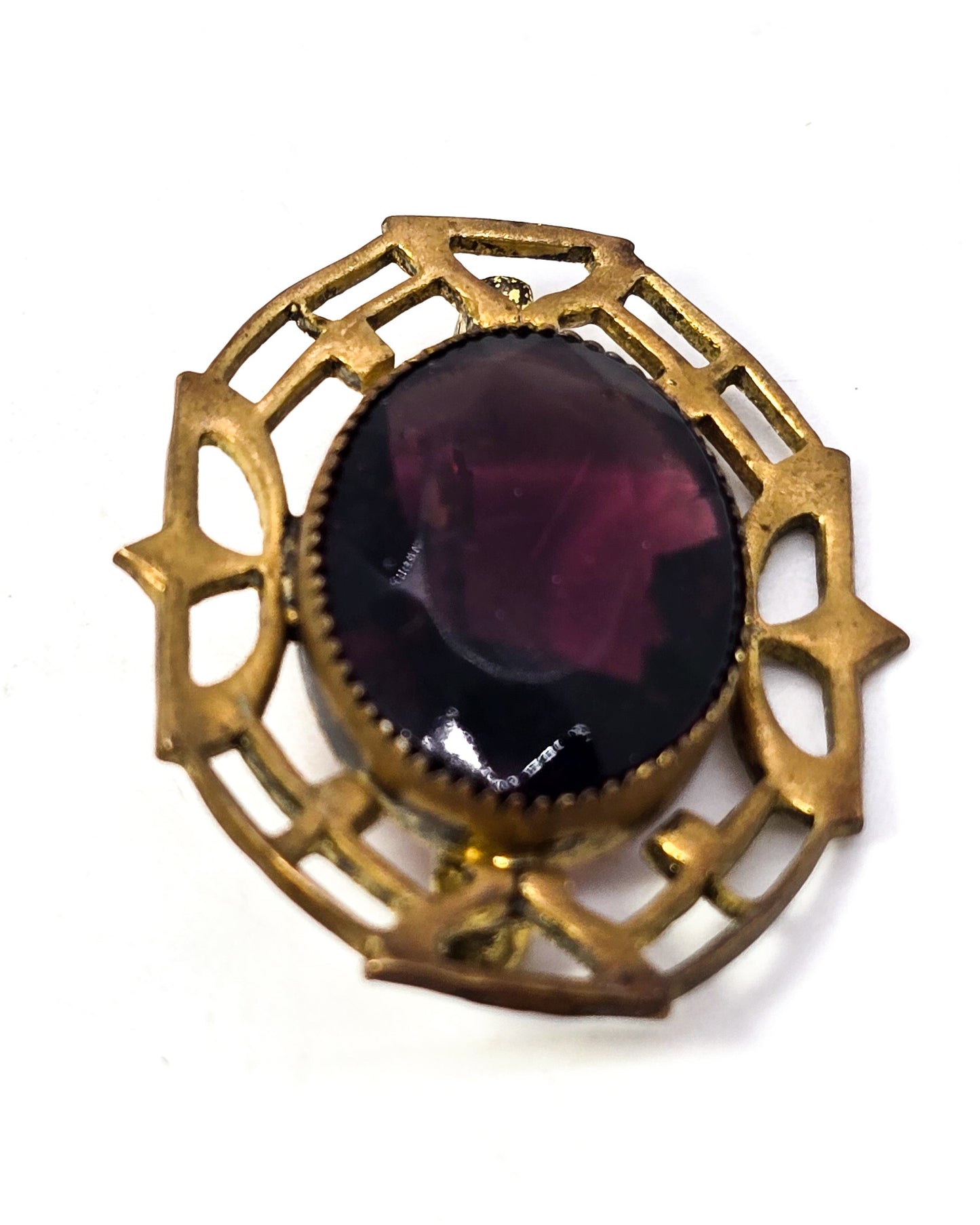 Art Deco Purple paste large glass pierced brass antique brooch