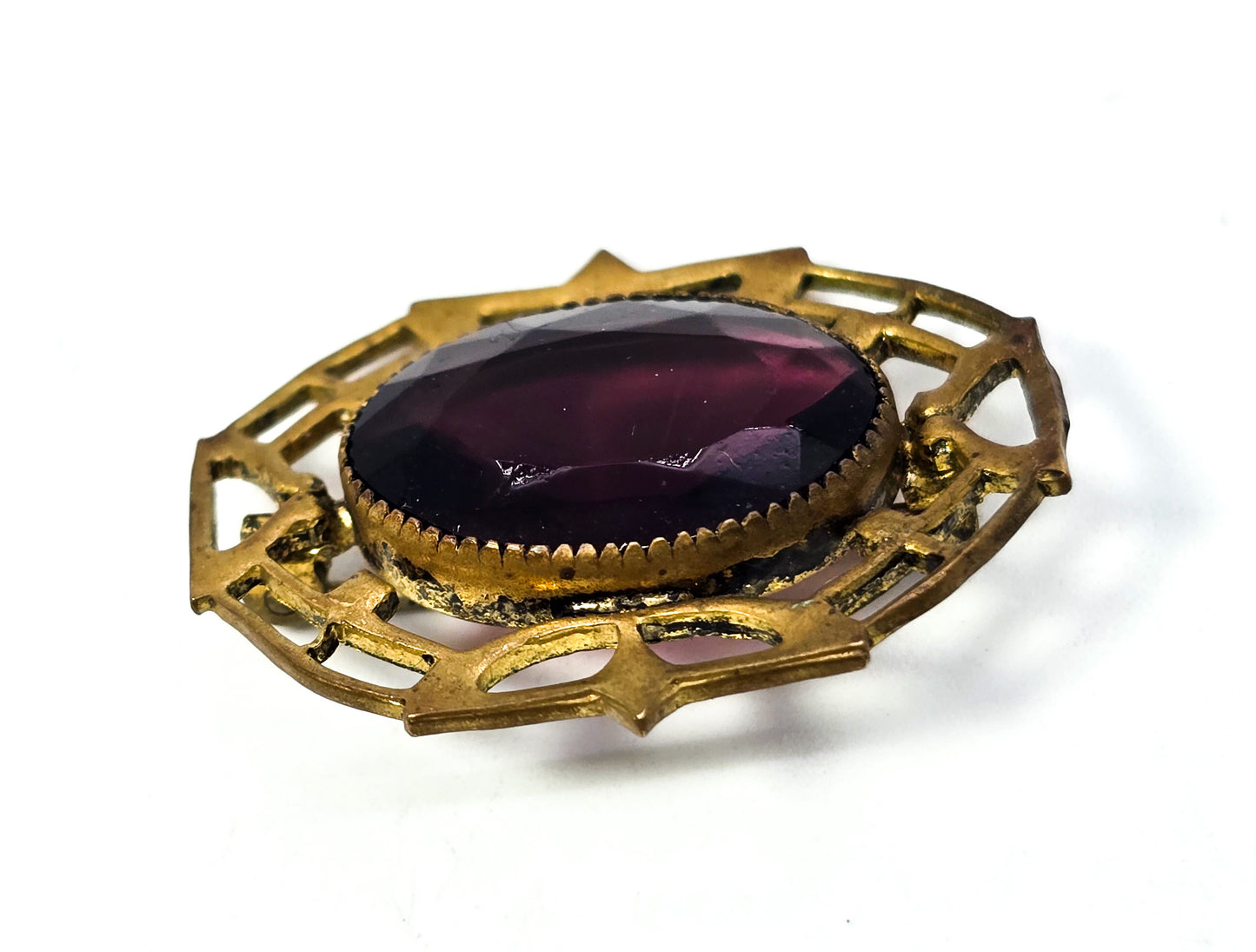 Art Deco Purple paste large glass pierced brass antique brooch