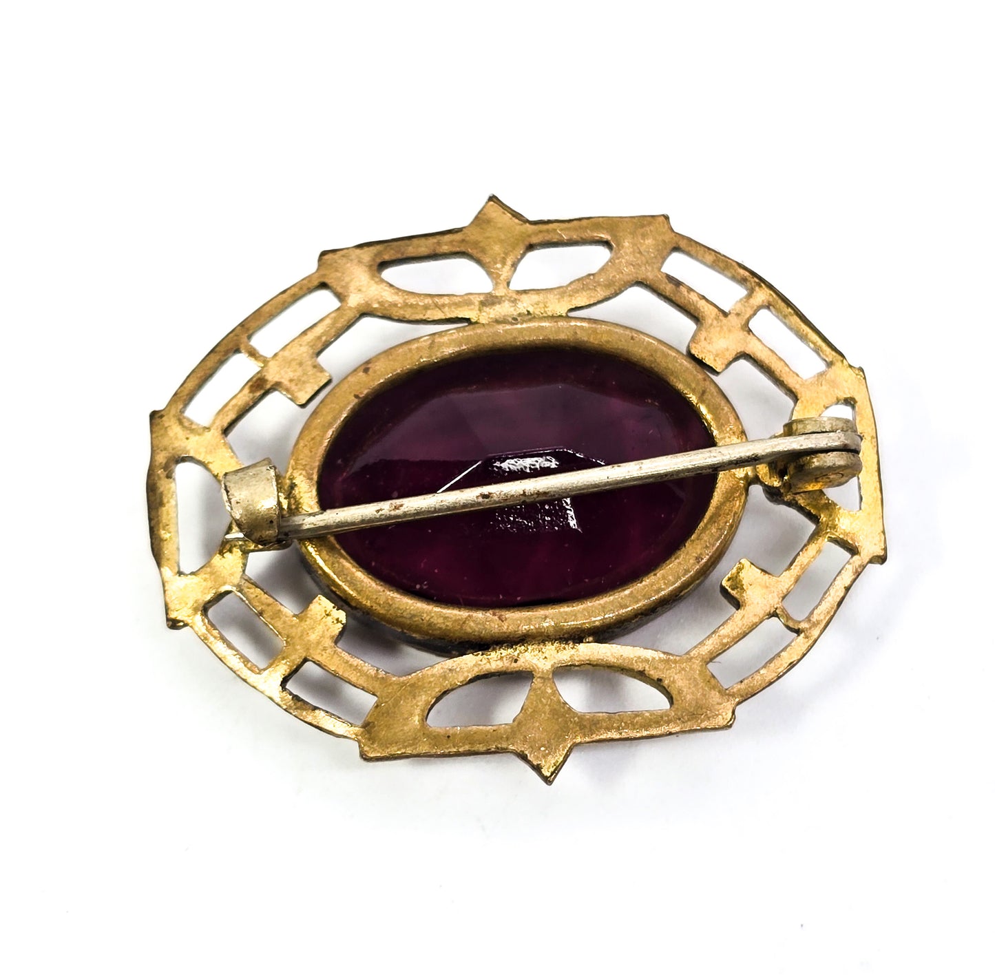 Art Deco Purple paste large glass pierced brass antique brooch