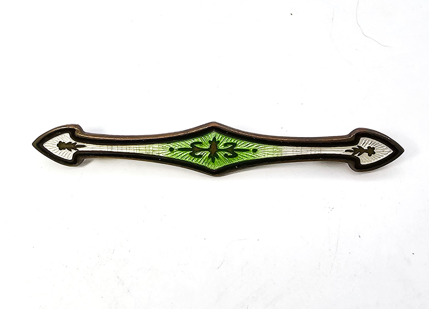 Art Deco Guilloche Green white and black brass long antique bar pin brooch