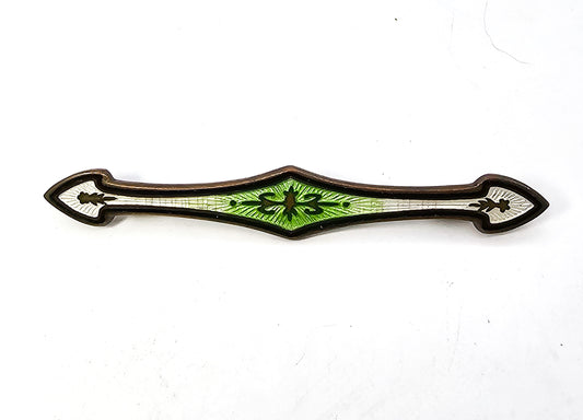 Art Deco Guilloche Green white and black brass long antique bar pin brooch