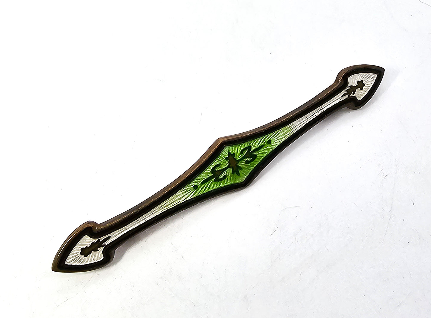 Art Deco Guilloche Green white and black brass long antique bar pin brooch