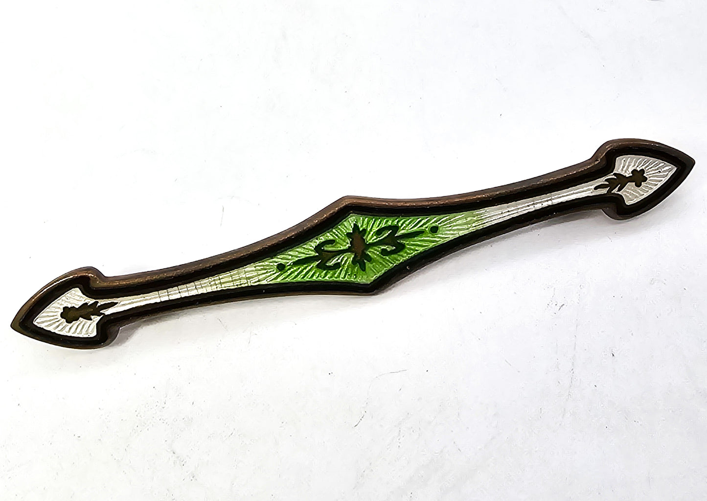 Art Deco Guilloche Green white and black brass long antique bar pin brooch