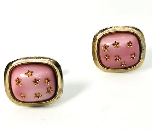 Pink Lucite gold star painted modernist retro 1960's vintage cufflinks wedding