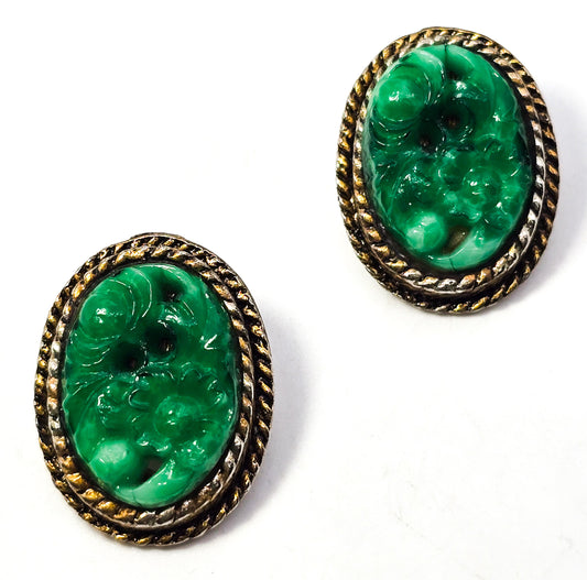 Pierced Jade glass lotus flower vintage retro gold toned mid century clip on earrings