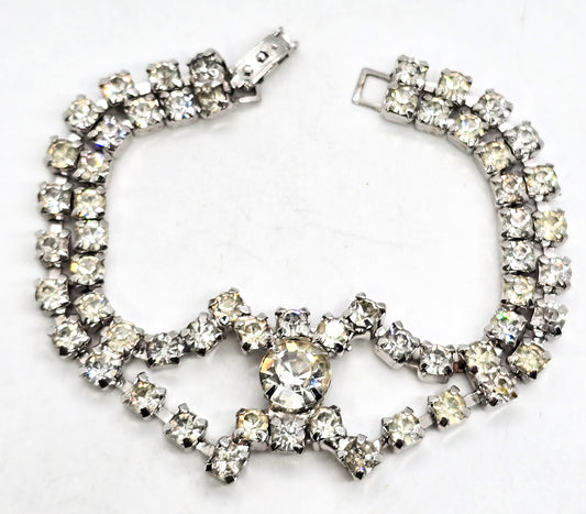 Chevron clear rhinestone open work double row vintage bracelet