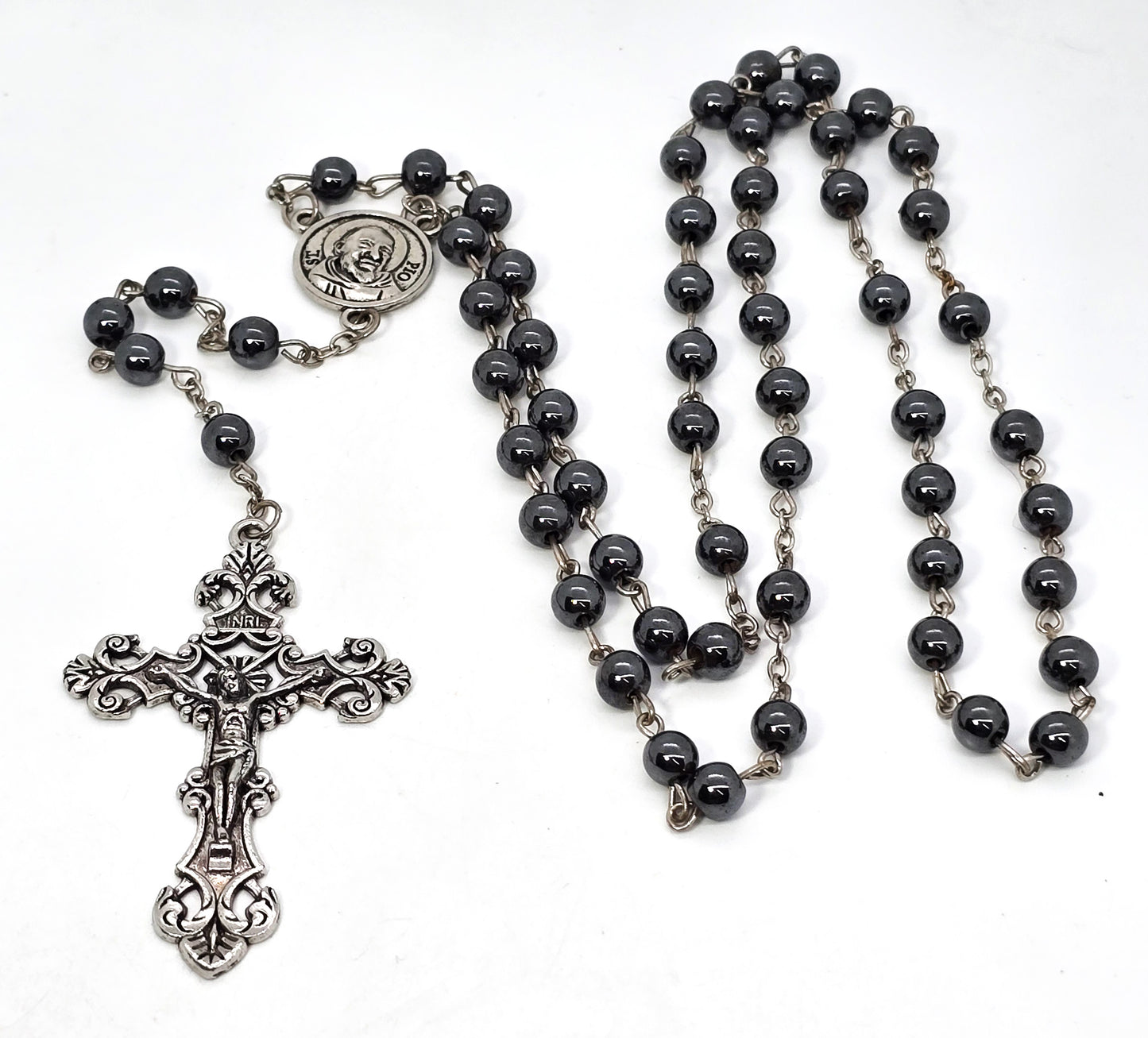 Saint Pio of Pietrelcina silver hematite gemstone beaded Catholic Rosary