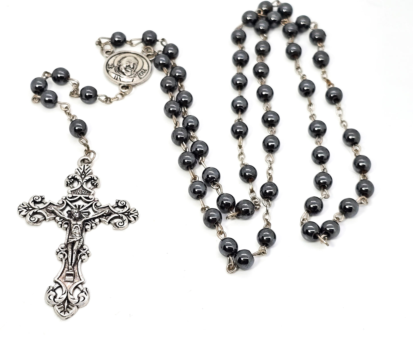 Saint Pio of Pietrelcina silver hematite gemstone beaded Catholic Rosary