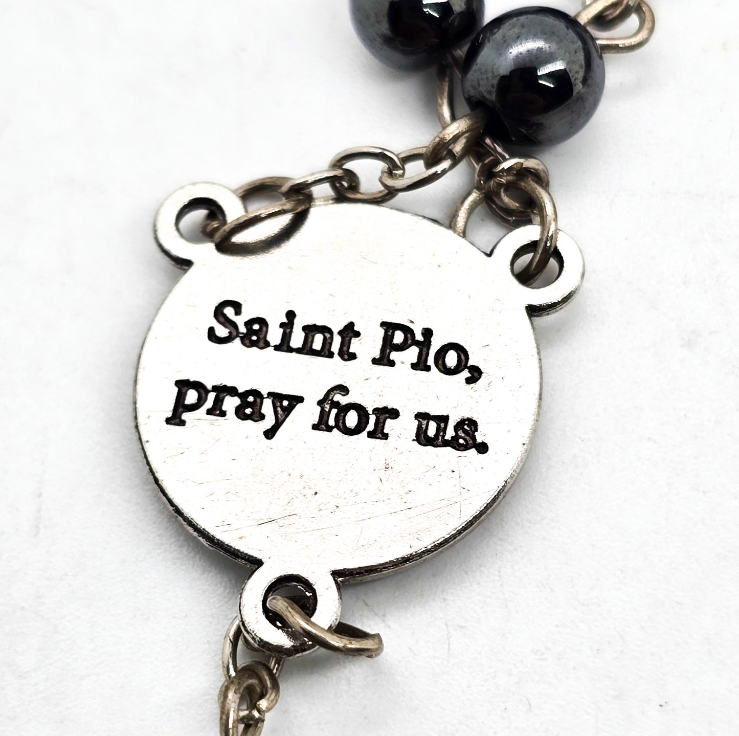 Saint Pio of Pietrelcina silver hematite gemstone beaded Catholic Rosary