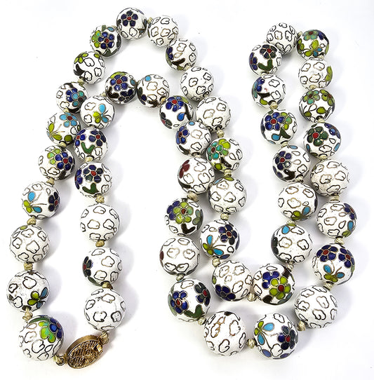 Chinese Cloisonne Enamel Knotted Floral Bead 36 inch filigree clasp Necklace