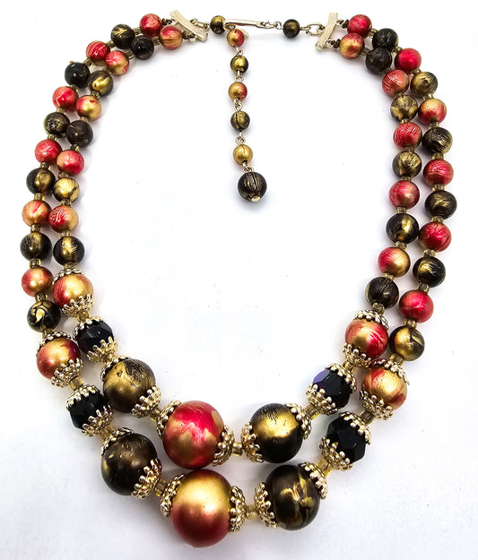 Red and Gold Mid century beaded double strand vintage beaded necklace