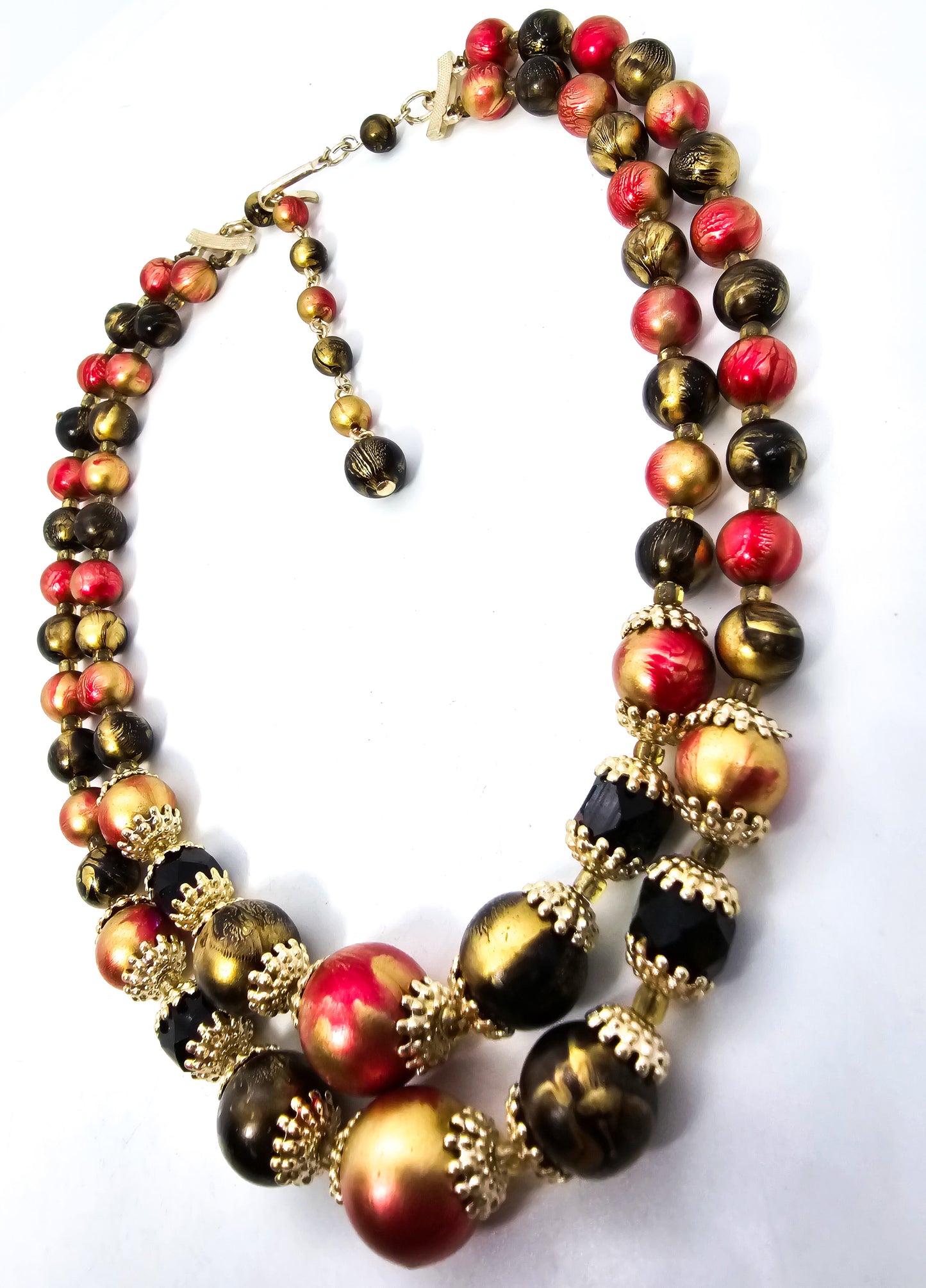 Red and Gold Mid century beaded double strand vintage beaded necklace