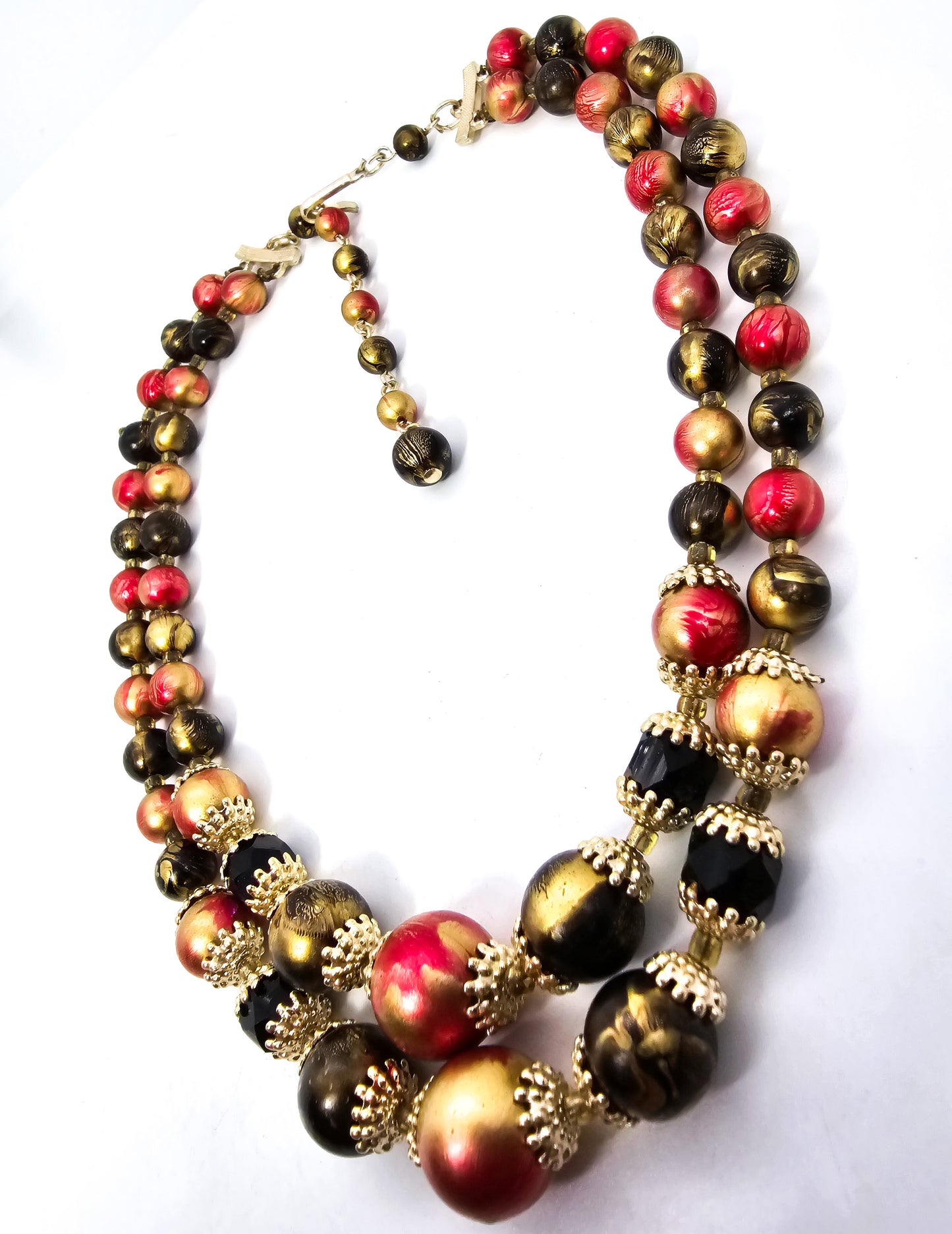 Red and Gold Mid century beaded double strand vintage beaded necklace