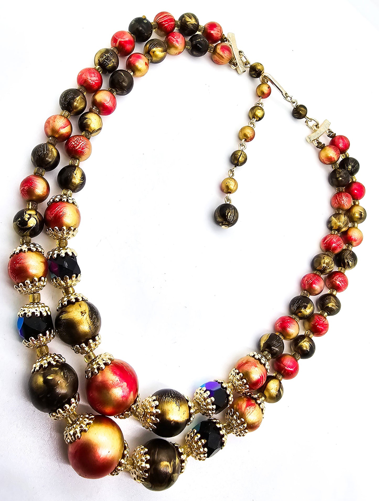 Red and Gold Mid century beaded double strand vintage beaded necklace