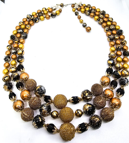 Black and Gold three strand graduated vintage mid century beaded Japan necklace