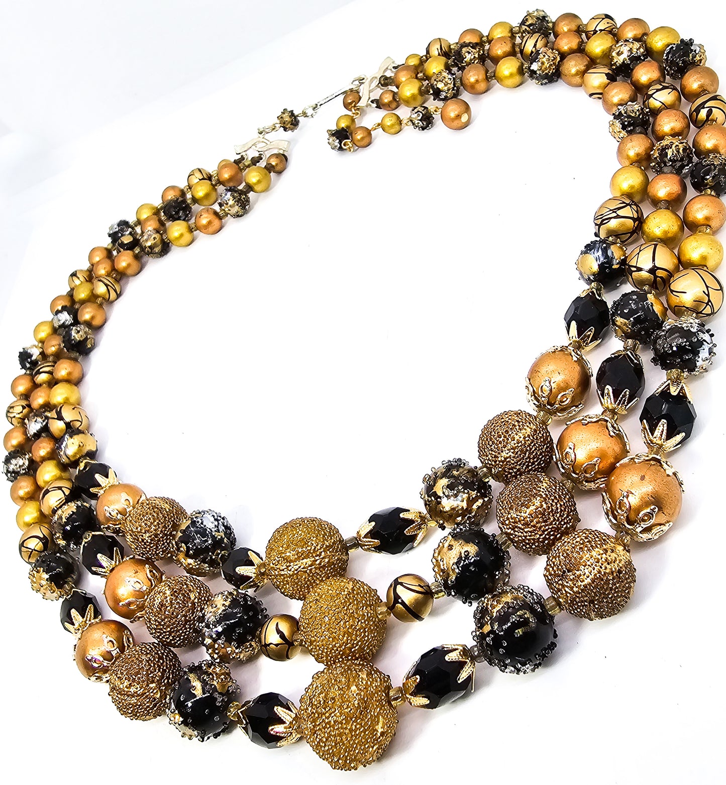 Black and Gold three strand graduated vintage mid century beaded Japan necklace