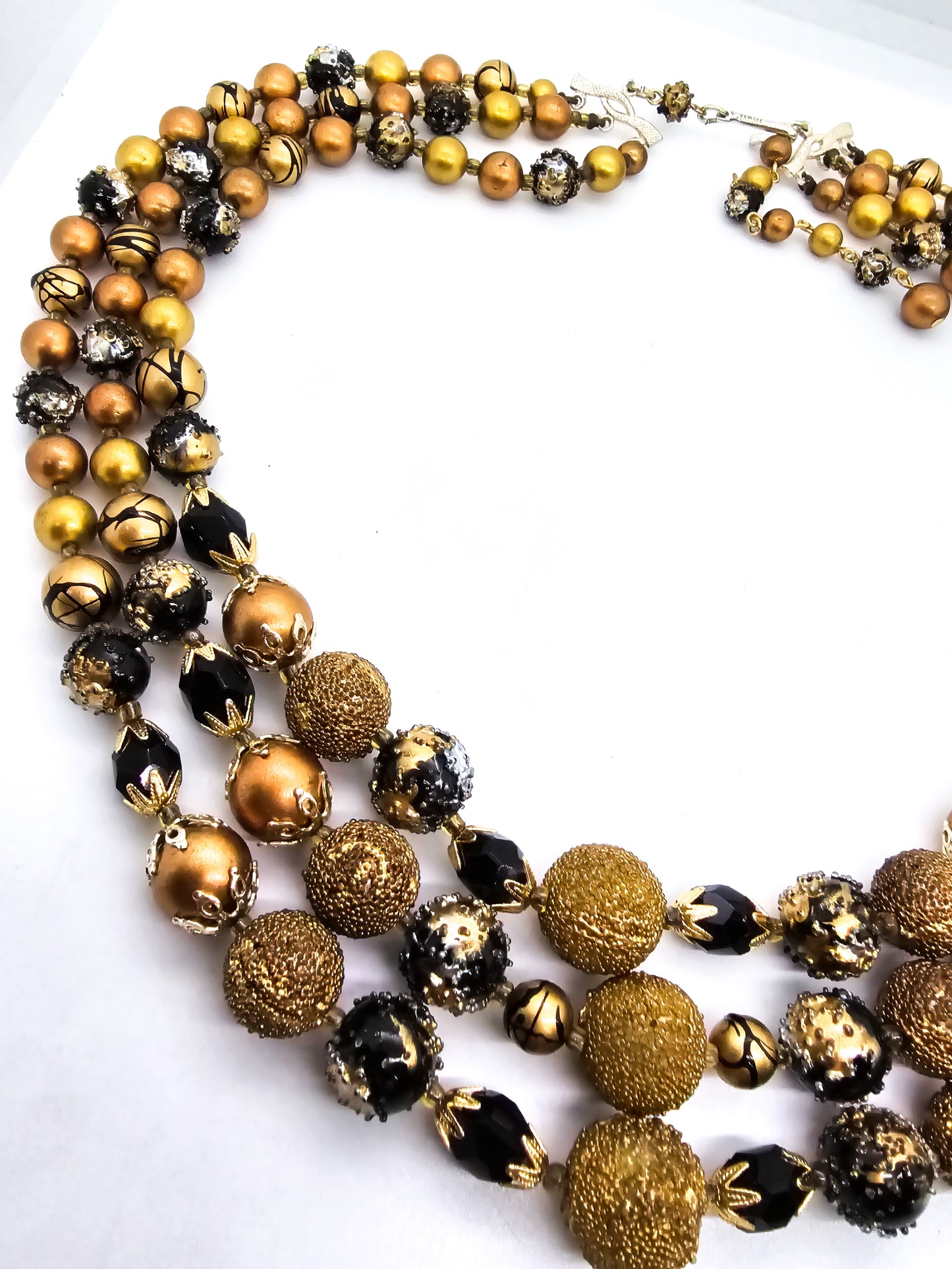 Black and Gold three strand graduated vintage mid century beaded Japan necklace